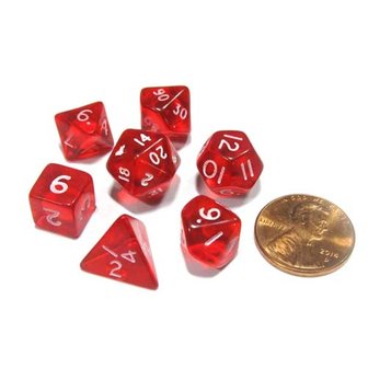 7 delig Mini setje met Rood Translucent dice met munt