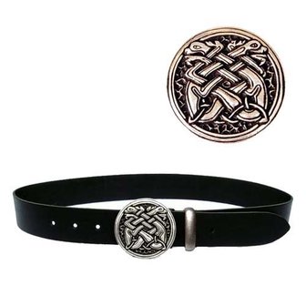 Riem van zwart leer met messing Celtic Hounds buckle