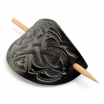 Haarspeld van zwart leer en houten stokje. Met Viking Knot