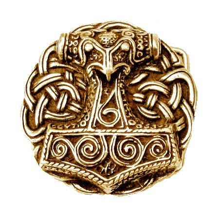 Bronskleurige buckle met Mjolnir op keltische knoop