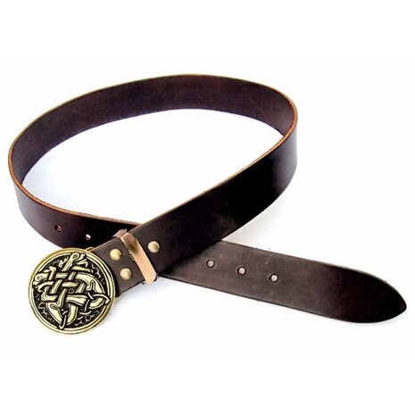 Riem van bruin leer met messing Celtic Hounds buckle