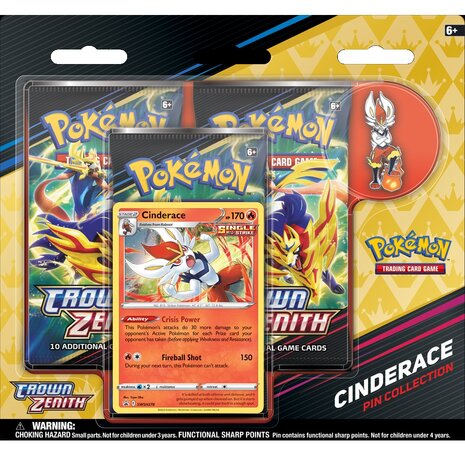 Pokemon Crown Zenith Pin Box Collection met 3 boosters, Cinderace