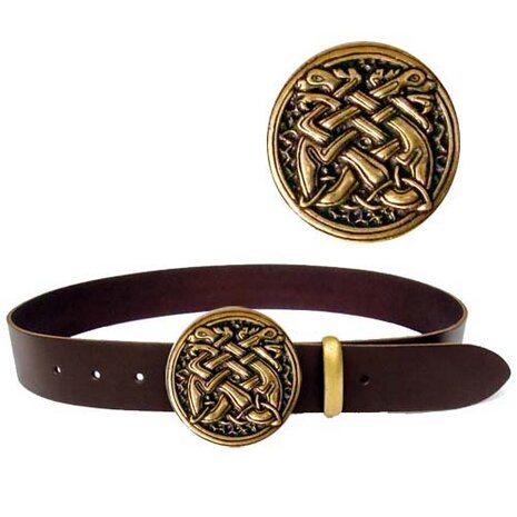 Riem van bruin leer met messing Celtic Hounds buckle