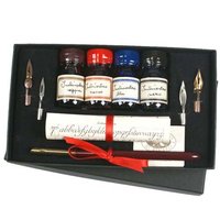 Schrijfveer met 4 flesjes inkt